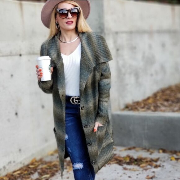 Green Toned Button Down Cardigan - Picture 1 of 5